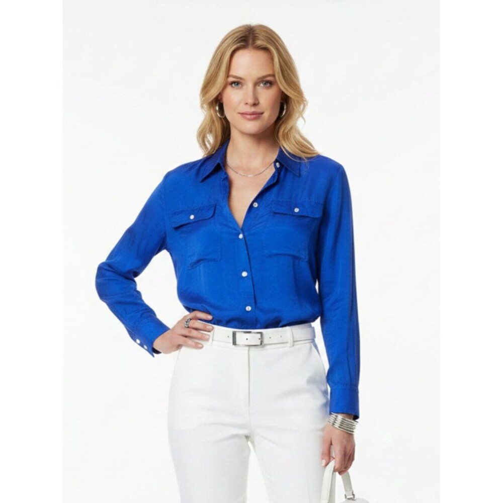 Ralph Lauren 100% Silk Blue Button Up Long Sleeve Blouse Top 8